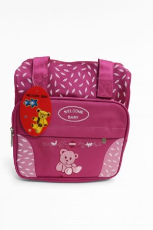 Hafta Bazaar by “Welcome Baby pink small diaper bag with cute teddy embroidery, ideal for carrying baby essentials.”