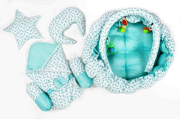 Hafta Bazaar by 11-piece newborn baby bedding set with carry nest, quilt, mattress, pillows, bolsters, and soft accessories.