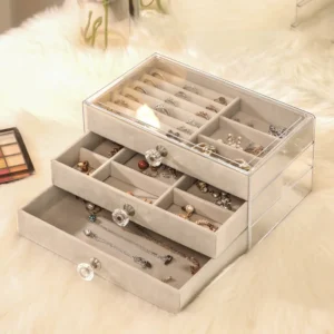 Hafta Bazaar by Velvet-lined drawer jewellery organizer with a clear acrylic box for elegant storage.