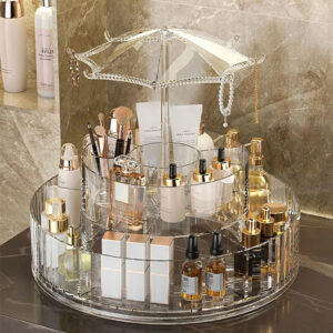 hafta bazaar by 360-degree rotating umbrella-style makeup organizer with multiple compartments.