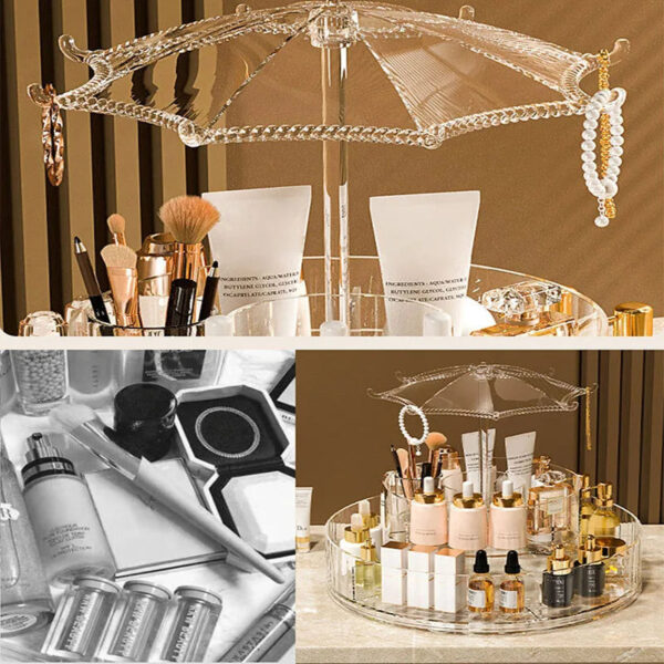 hafta bazaar by 360-degree rotating umbrella-style makeup organizer with multiple compartments.